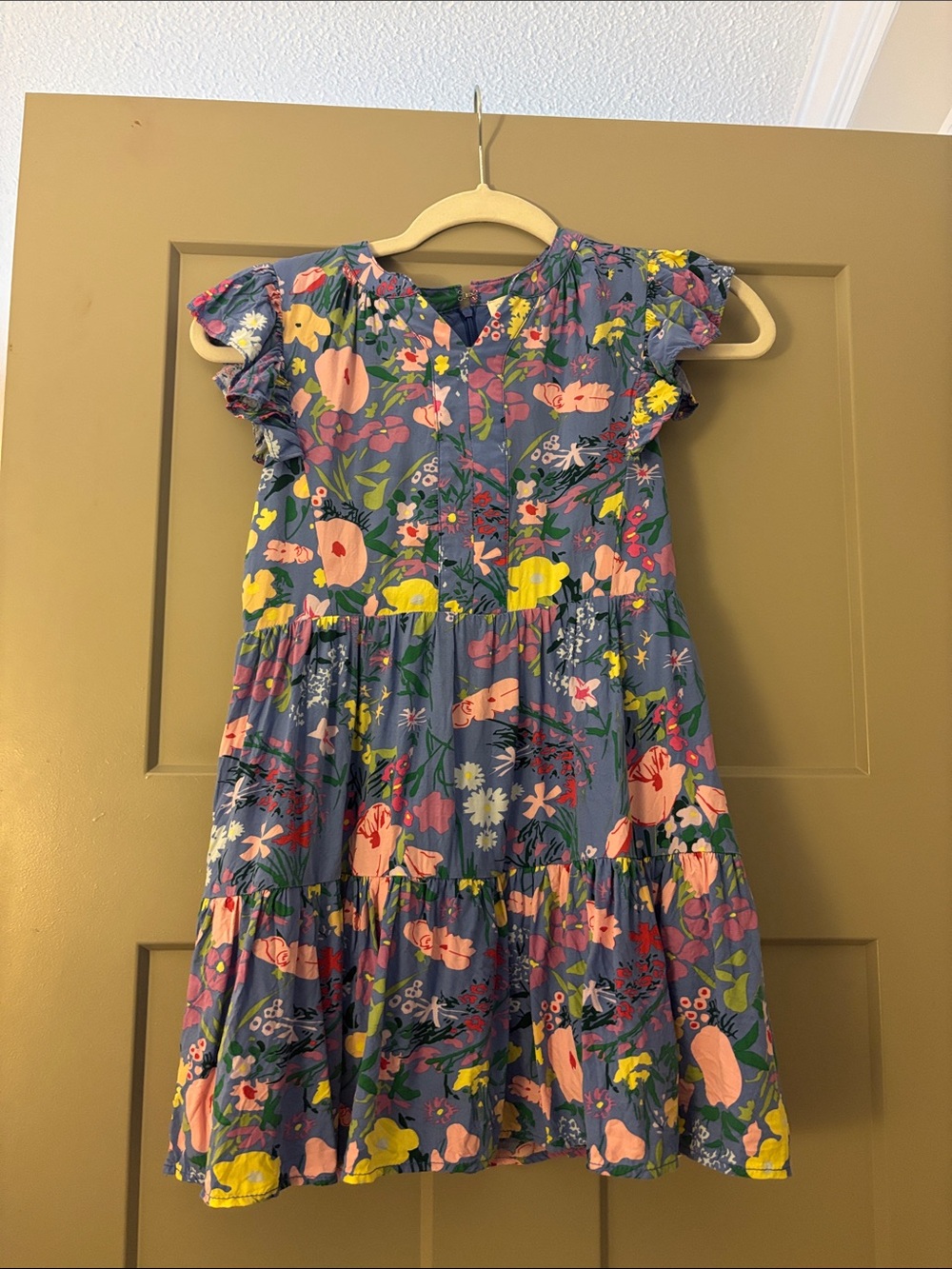 Girls' Floral Tiered Blue Dress with Pink & Yellow Accents